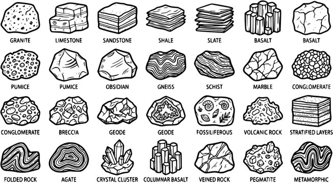 Black and White Line Art Collection of Various Rock Types for Geology and Education