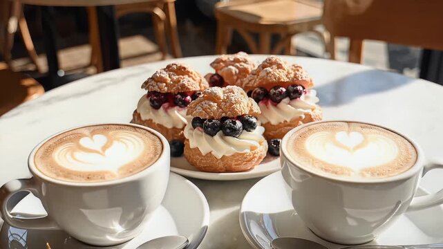 Two Cappuccinos and Cream Puffs on a Cafe Table.