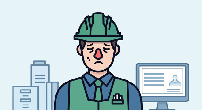 Depressed Construction Worker Stands Amidst Buildings and Computer Interface