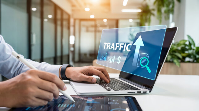 Businessman analyzing web traffic growth and seo data on laptop and tablet in office, digital marketing concept