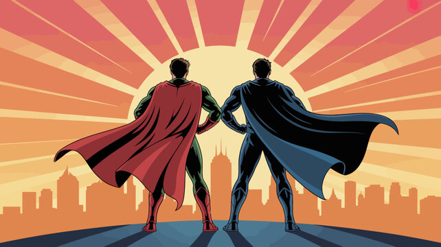 Two superhero figures standing back to back with a city skyline background comic book style