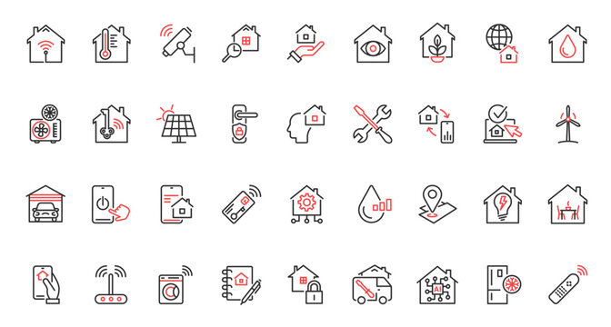 Vector illustration red black thin line icons set smart home devices, virtual reality technology, autonomous lighting automated software to control temperature house, air conditioner drone