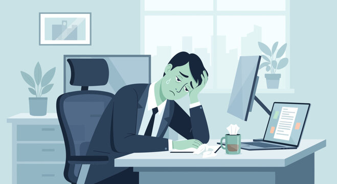 Depressed Office Worker Suffering from Mental Fatigue and Overwhelming Workload Stress