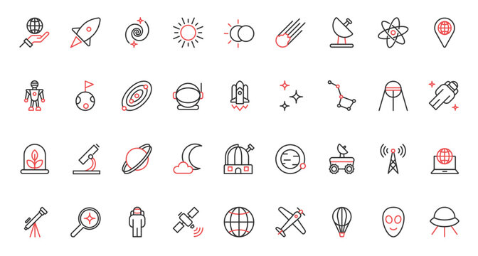 Vector illustration trendy red black thin line icons set space travel universe research technology, astronaut spaceship, moon solar system planets, and futuristic observatory and telescope.