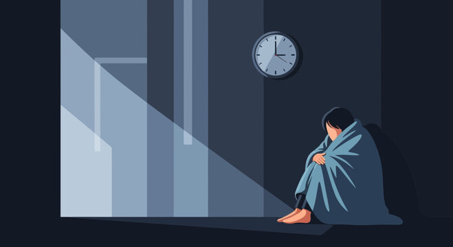 Depressed Person Sitting In A Corner With Time Passing By, Feeling Isolated And Lonely