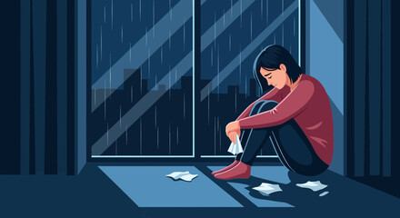 Fototapeta premium Depressed Woman Sitting Alone by a Window in a Dark, Rainy Weather Day Scene