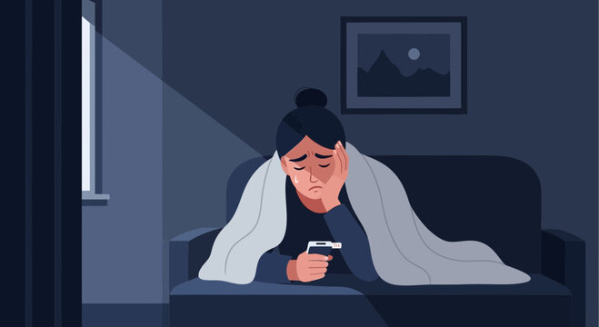 Depressed Woman Under Blanket Holding Phone In Dark Room During The Evening Hours