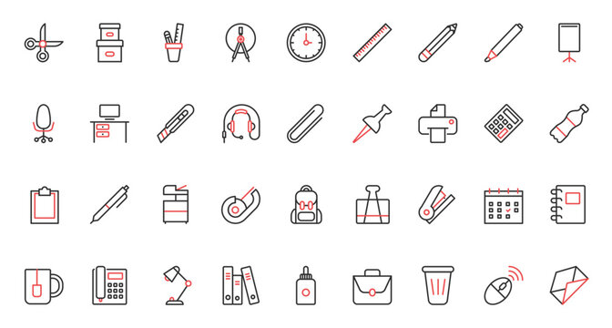 Scissors, marker and pencil in holder and box, paper document on flipboard or clipboard. Office and school supplies, stationary and equipment trendy red black thin line icons set vector illustration.