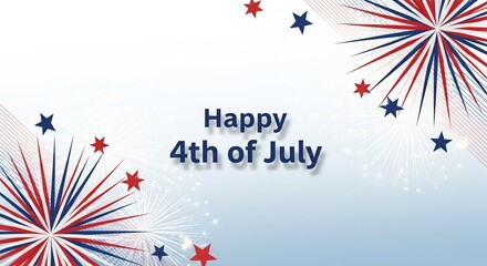 Fototapeta premium Happy 4th of July text with red white and blue fireworks and stars on a light blue gradient background, patriotic holiday celebration graphic design