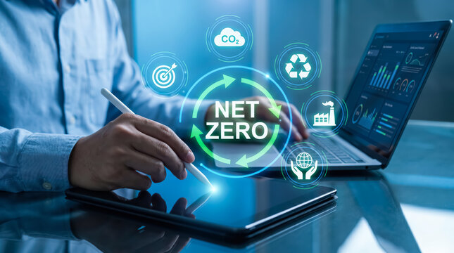 Businessman using tablet with digital interface showing net zero and carbon neutrality concept for environmental protection