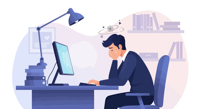 Depressed Worker Overwhelmed In The Office, Dealing With Stress And Strain From Workload