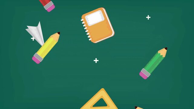 Animated School Supplies Floating on Chalkboard Background