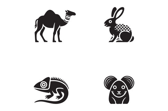 Animal silhouettes set camel rabbit chameleon and jerboa