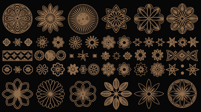 Floral ornament collection intricate brown flower and star designs on black background high quality professional detailed