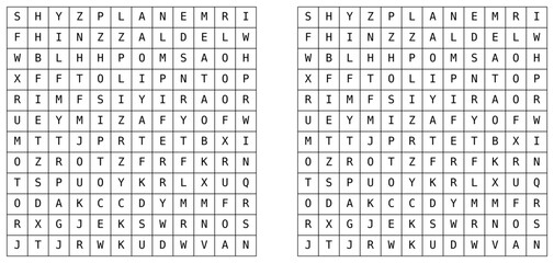 Word search puzzle with letter grid and highlighted solution. Educational vocabulary game for brain training, language learning, and printable worksheets. Vector illustration series © Alex