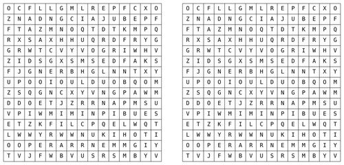 Word search puzzle with letter grid and highlighted solution. Educational vocabulary game for brain training, language learning, and printable worksheets. Vector illustration series © Alex