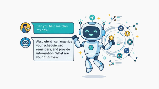 Friendly AI robot discussing daily schedule and priorities with user, assistant