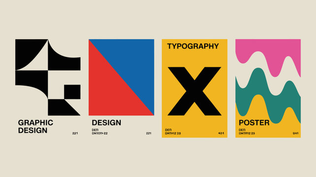 Four abstract graphic design posters with bold typography and geometric shapes on a cream background