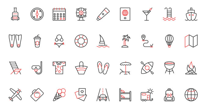 Baggage ship cruise tropical destination, cocktail and swimsuit for pool party, diving mask and backpack. Summer beach vacation and travel trendy red black thin line icons set vector illustration.