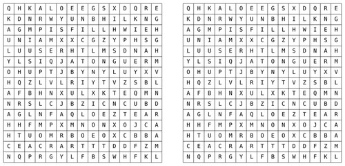 Word search puzzle with letter grid and highlighted solution. Educational vocabulary game for brain training, language learning, and printable worksheets. Vector illustration series © Alex