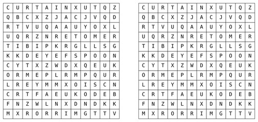 Word search puzzle with letter grid and highlighted solution. Educational vocabulary game for brain training, language learning, and printable worksheets. Vector illustration series © Alex