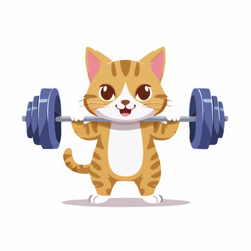 Cute cartoon cat lifting weights