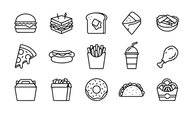 Fast food line icon set with burger sandwich toast and editable stroke vector collection