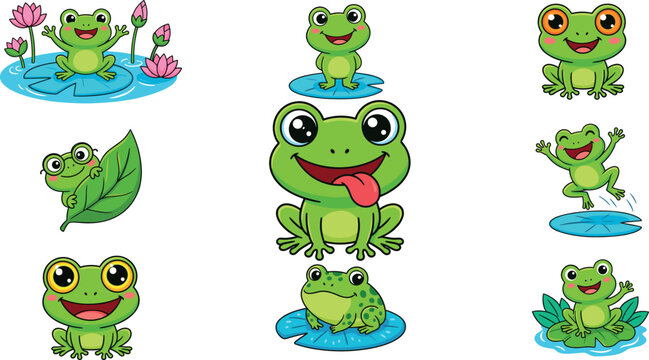 Cute Cartoon Frog Character Collection with Lily Pads and Funny Green Frogs Isolated on White Background