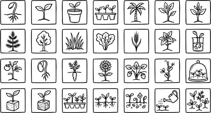 Black and white line art icons of plants growing, agriculture and gardening