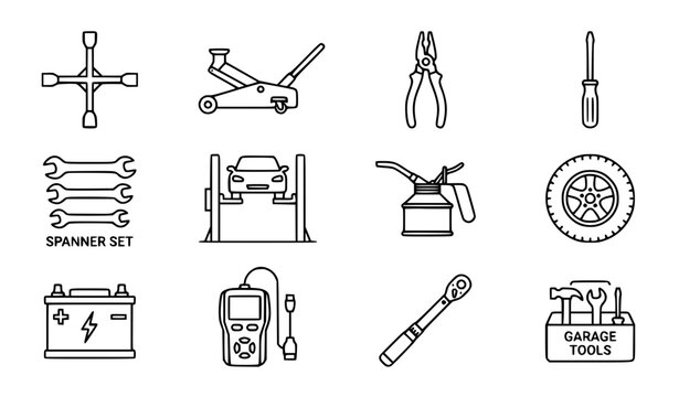 Automotive service line icon set with wrench jack pliers and editable stroke vector collection
