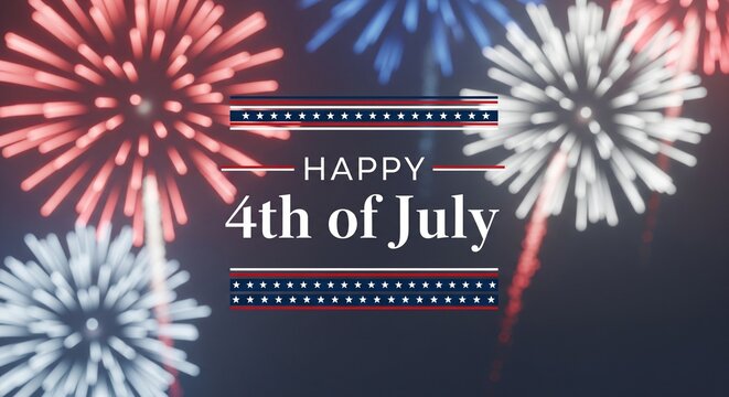 Happy 4th of July text overlay with red white and blue fireworks exploding in the night sky, patriotic celebration graphic design, Independence Day holiday concept