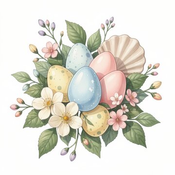 Watercolor Illustration of Pastel Easter Eggs with Floral Wreath
