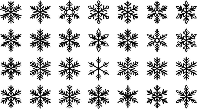 Black and White Line Art Snowflake Icons Set on White Background