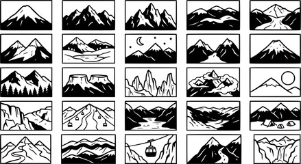 Obraz premium Nature Travel Mountain Landscape Black and White Line Art Illustration Set. Outdoor Adventure Scenery Peaks Minimalist Icons Collection.