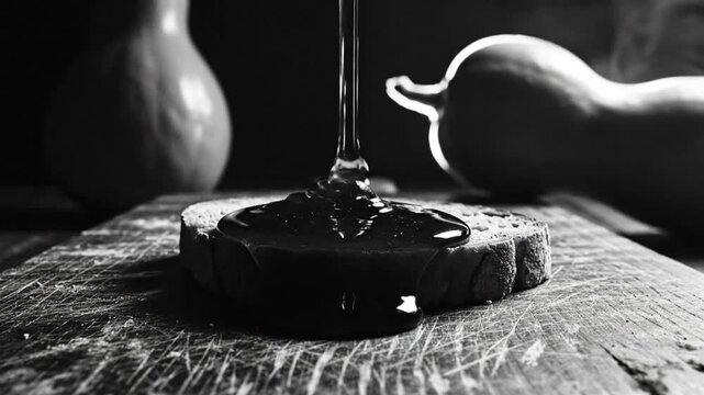 Black and white close up of honey drizzling onto a slice of bread on a rustic wooden surface with blurred background elements