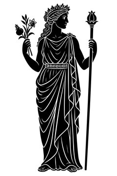 Persephone queen of the underworld with pomegranate and narcissus flower ancient Greek goddess silhouette