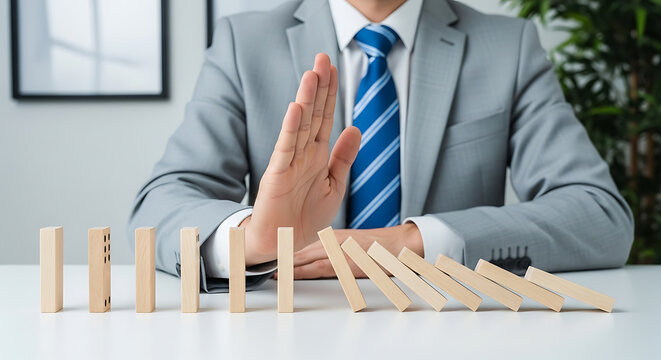 Businessperson stopping falling dominoes, symbolizing risk management and crisis intervention, stopping chain reaction