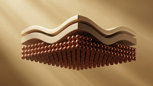 Conceptual 3D illustration of a multi-layered biological structure with golden spheres.