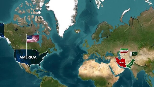 World map Animation showing America, Iran, and Pakistan with national country flags