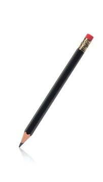 A black pencil with a red eraser on a white background