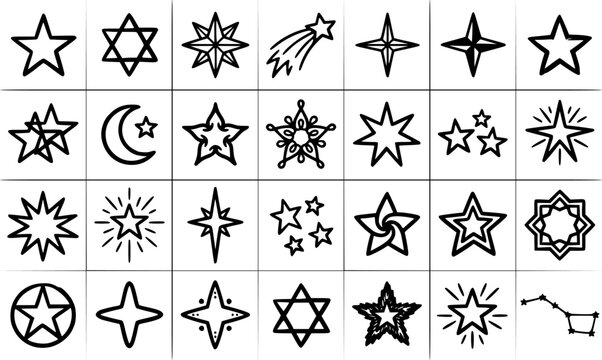 Black and white line art icons of various star shapes and a constellation, ideal for astronomy and celestial design.