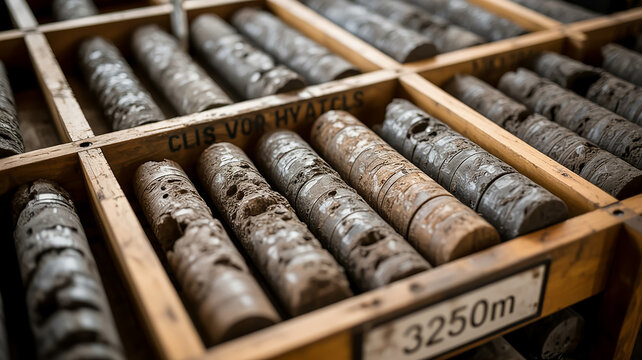 A close-up photograph of geological core samples stored in wooden racks