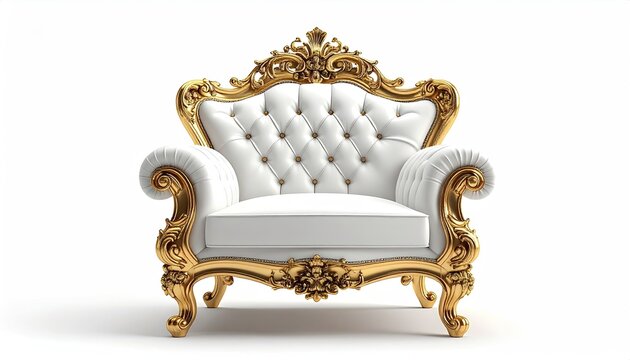 Ornate white tufted armchair with elaborate gilded wood frame, studio shot