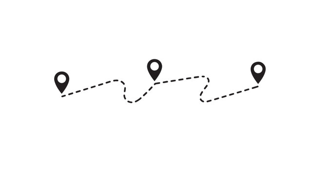Map location markers connected by dashed line indicating route featuring navigation, travel, direction with path and journey elements for waypoints,
