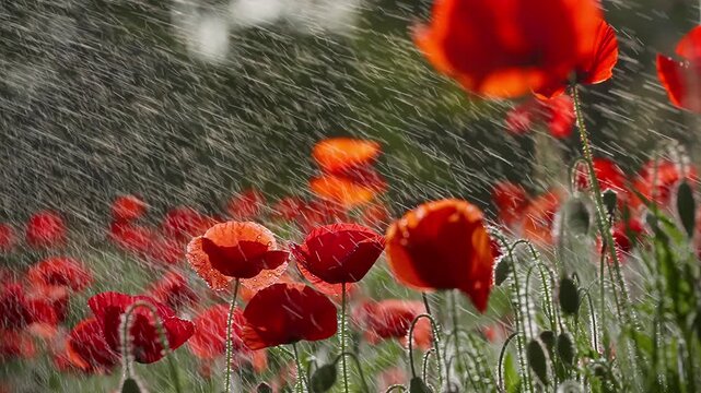 Red poppies with water spray in garden