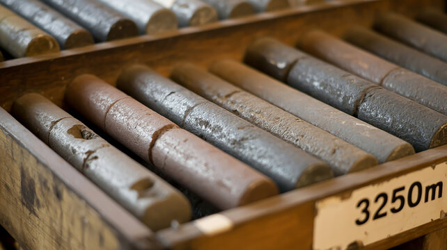 A close-up photograph of geological core samples stored in wooden racks