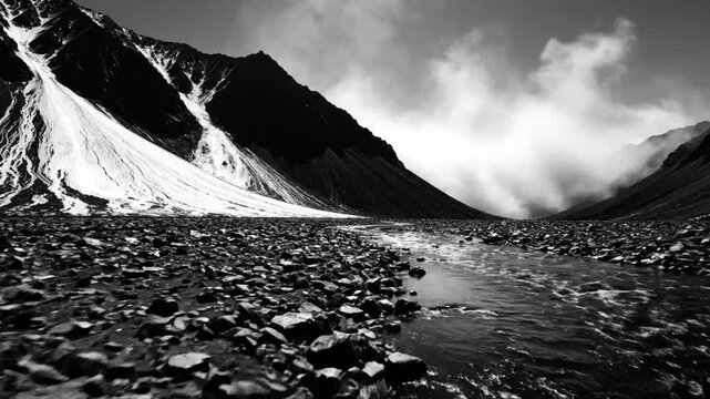 Black and white view of a mountain valley with river and rocky terrain under cloudy sky.
