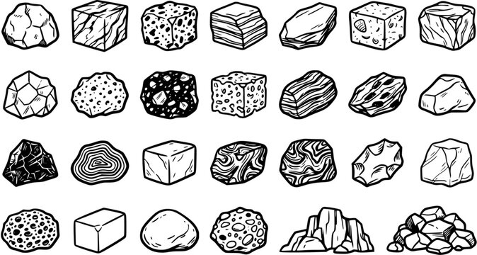 Geology Rocks and Minerals Line Art Collection. Black  White Hand-Drawn Outline Set of Diverse Stones, Ores, and Crystals for Science and Nature Education.