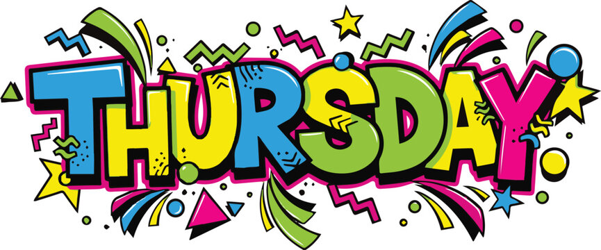 Modern Memphis Style Thursday Text Design with Vibrant Geometric Graphics