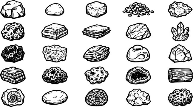 Geology and Earth Science Hand-Drawn Black  White Line Art Icon Set: Rocks, Minerals, Crystals, Gemstones, Fossils, Stones Collection